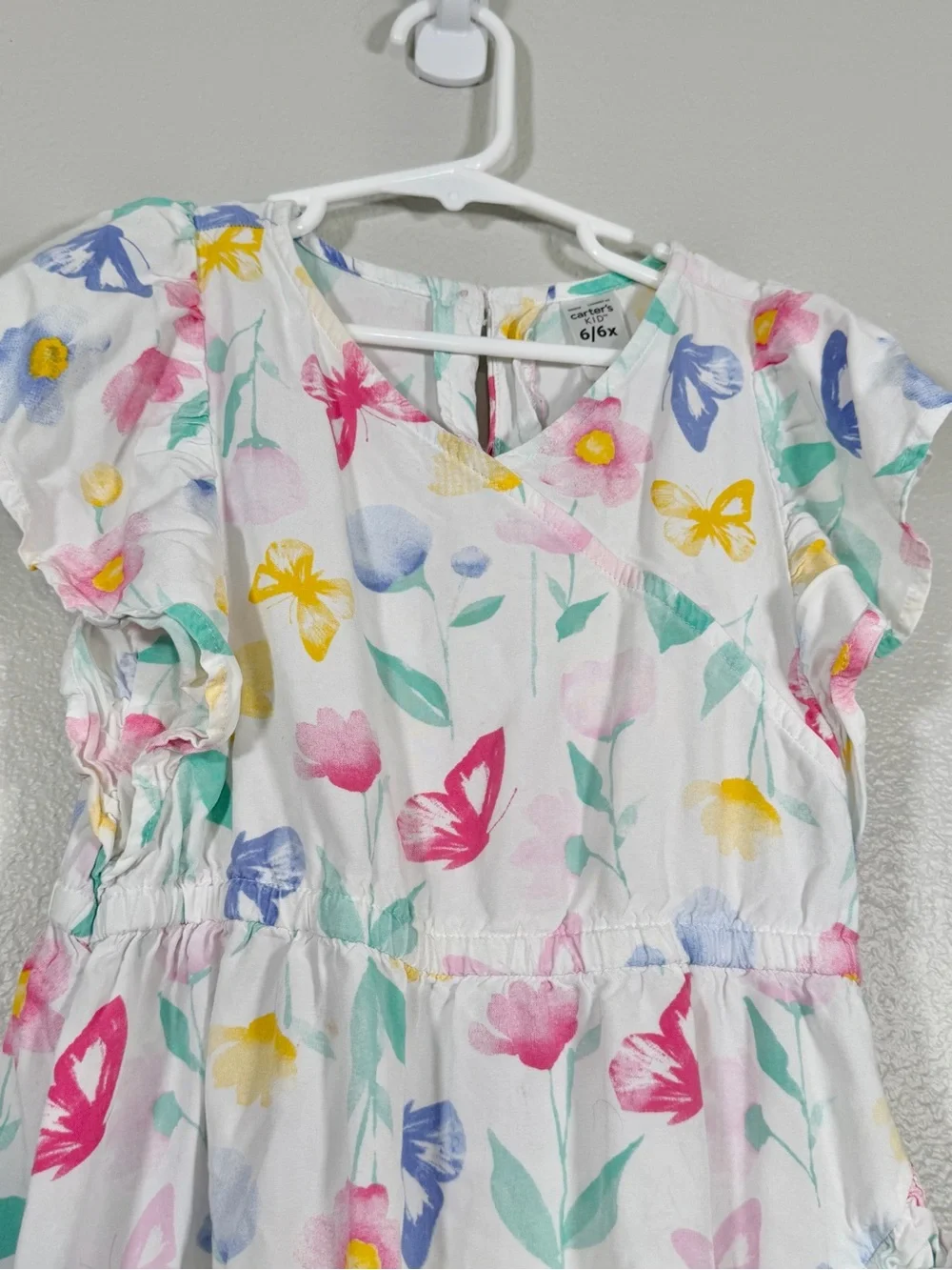 Carter's Dress White Floral Butterfly Ruffle Wrap Pink Blue Summer Girls Kid 6